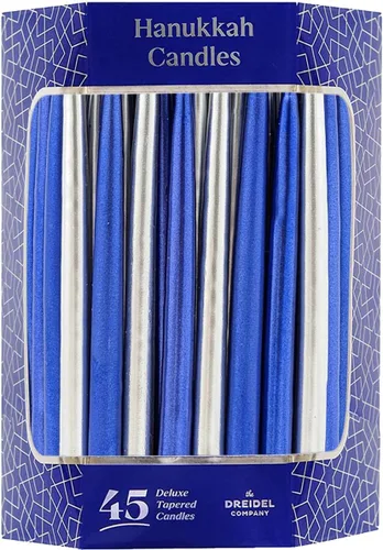 Vista 5 de The Dreidel Company - Velas metálicas azules y plateadas sin goteo de Janucá, 45 velas prémium cónicas decoradas a mano para Janucá, 1 hora