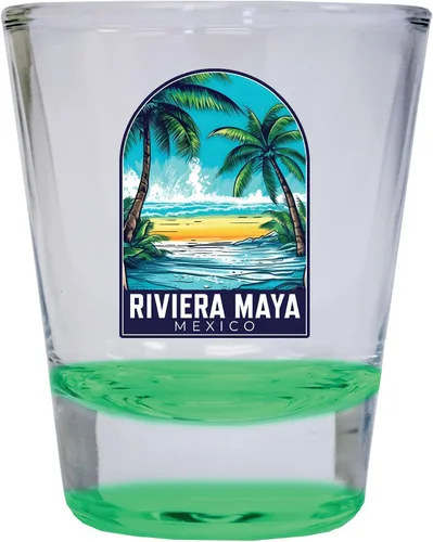 Vista 5 de Riviera Maya Mexico Design B Souvenir - Vaso de chupito redondo de 1.5 onzas, color azul, paquete de 2