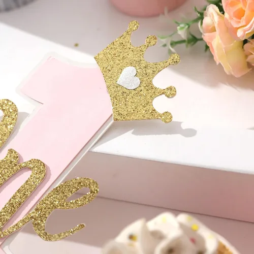 Vista 8 de Una decoración para tartas para bebés, rosa y dorado para el primer cumpleaños, accesorios para el primer cumpleaños