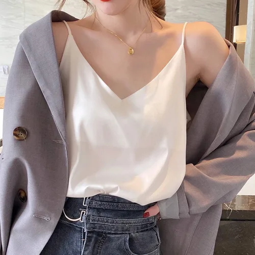 Vista 4 de Van Royal - Blusa corta elegante para mujer, sin mangas, de satén suave, sexy con cuello en V