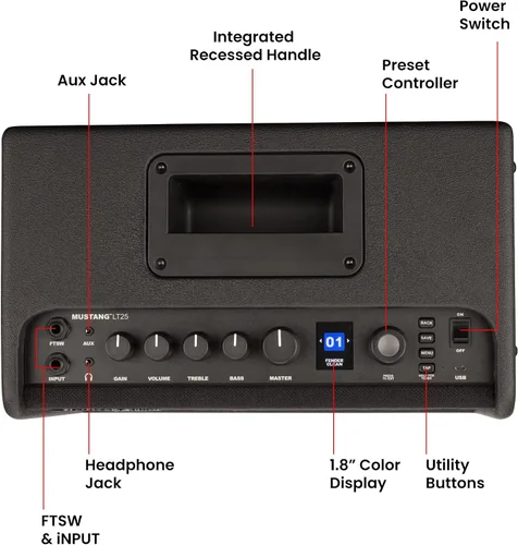 Vista 7 de Fender Mustang LT25 - Amplificador combinado de guitarra con cable y paquete exclusivo de púas de 12 piezas de Austin Bazaar