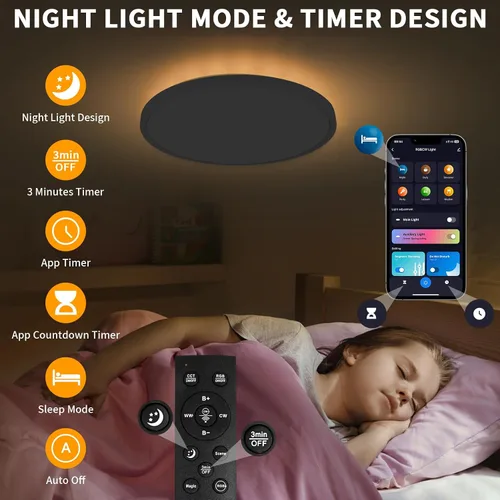 Vista 5 de Lámpara de techo de montaje empotrado de 12 pulgadas con control remoto y luces nocturnas, lámpara de techo LED regulable de 2700 K-6500 K, moderna
