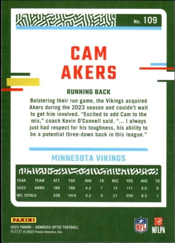 Vista 2 de 2023 Donruss Optic #109 Cam Akers Minnesota Vikings NFL Football Base Trading Card