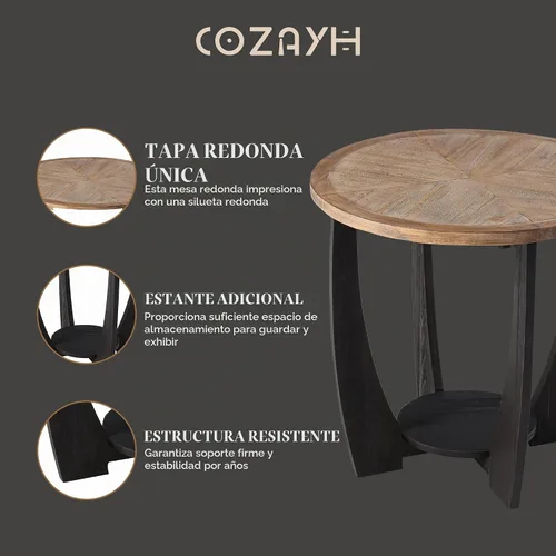 Vista 5 de COZAYH - Mesa auxiliar y auxiliar rústica, redonda con almacenamiento Solid And Manufactured Wood, 23.75 in W, 23.25 in H, 50 lb Capacity