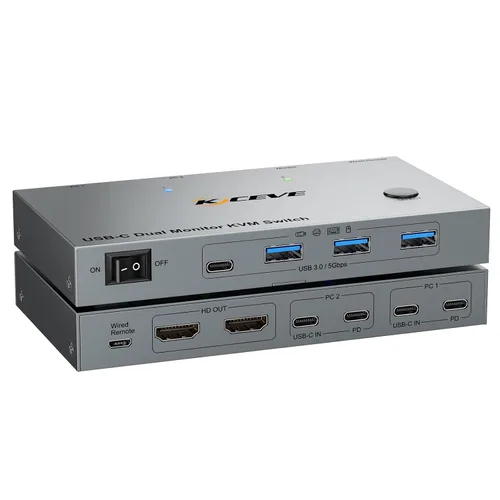 Vista 13 de 2 monitores 4 computadoras KVM Switch portátil y escritorio 4 puertos híbrido USB-C docking y doble Displayport y DP HDMI y Dual HDMI 4K@60Hz KVM