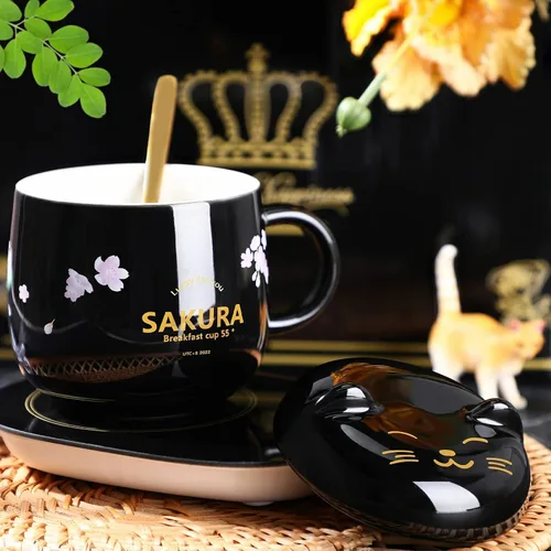 Vista 2 de Honeydak Juego de tazas de café, calentador de tazas de gato lindo para mujeres, calentadores de café con calefacción para mamá, oficina en casa