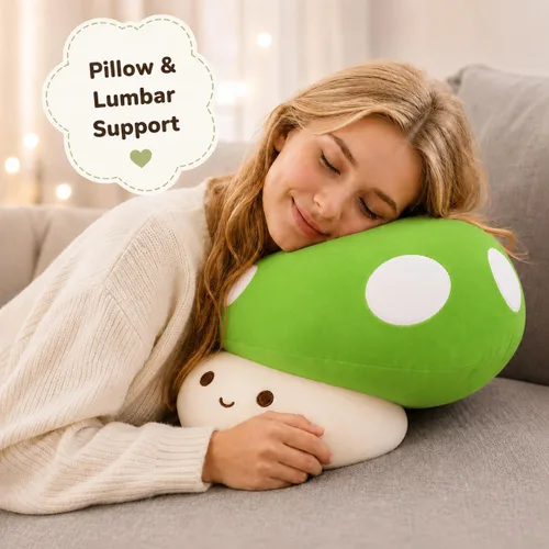 Vista 2 de Almohada de felpa de hongos verdes de 14 pulgadas, bonita decoración de hongos grandes, peluche de peluche, juguete suave regalo para niñas, niños