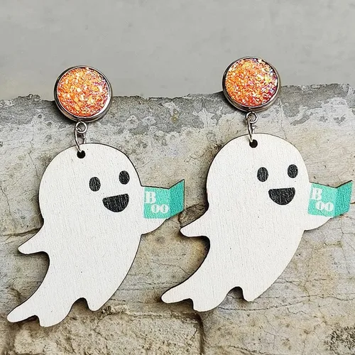 Vista 2 de Aretes colgantes de madera de payaso de calabaza fantasma de Halloween, aretes de madera de fantasma de dibujos animados para mujeres y niñas