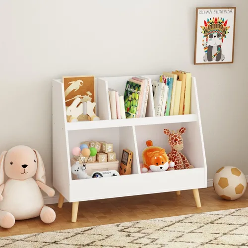 Vista 6 de GDFStudio Estantería para niños y organizador de almacenamiento de juguetes, 5 cubículos, estantería abierta de madera con 2 cubos grandes y patas