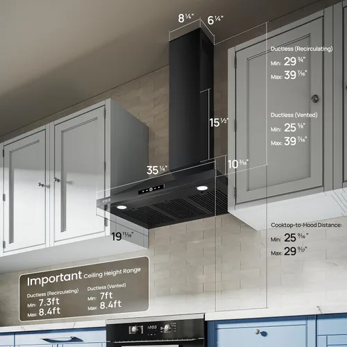 Vista 8 de VIKIO HOME Campana extractora para montaje en pared de 36 pulgadas, 580 CFM, campana de ventilación de cocina, convertible con conductos/sin