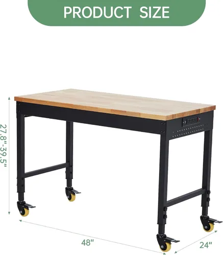 Vista 2 de Work Bench for Garage, 48" Adjustable Workbench with Power Outlets, Wheels, 2000 LBS Load Capacity, Heavy Duty Rubber Wood Top for Garage