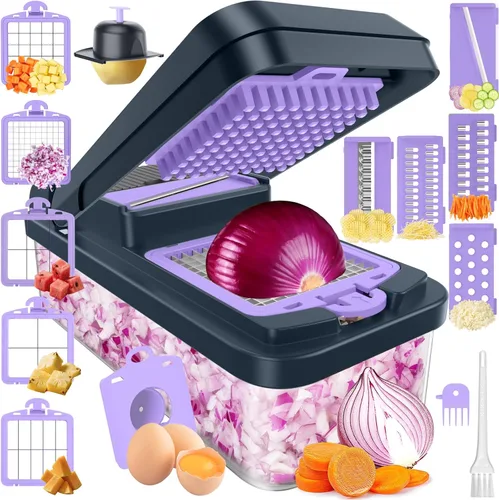Vista 10 de SpaceHacks Picador de verduras 12 en 1, utensilios de cocina con 7 cuchillas, verduras, alimentos, picador de cebolla, rebanador de pepino