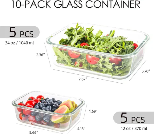 Vista 3 de Paquete de 10 recipientes de vidrio para almacenamiento de alimentos con tapas, recipientes reutilizables para preparación de comidas para el Azul