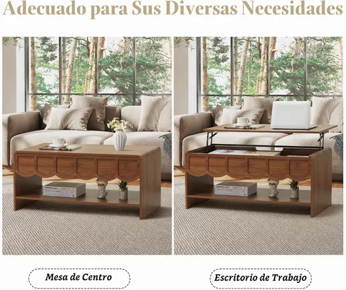Vista 5 de Mesa de centro elevable con compartimento oculto, mesa central de madera de 2 niveles con panel ondulado, moderna mesa elevadora para el hogar, sala
