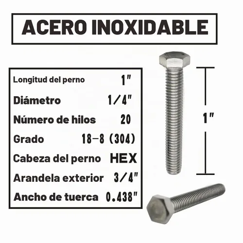 Vista 2 de (10 juegos) Tornillos de cabeza hexagonal de acero inoxidable 1/4-20x1, tuercas, arandelas planas y de bloqueo, 18-8 (304) S/S, totalmente roscados