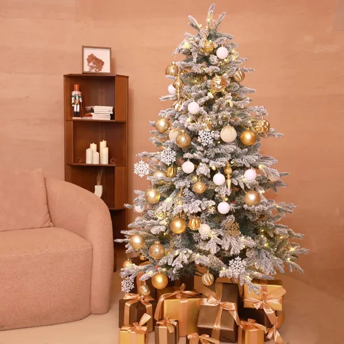 Vista 11 de HipTree Árbol de Navidad artificial de 1.8 m con nieve flocada y 200 luces LED de doble color, árbol de Navidad blanco iluminado para decoración