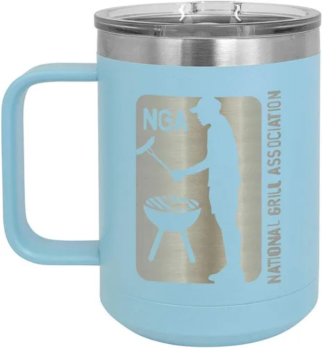 Vista 7 de National Grill Association Taza de café negra de 15 oz con tapa deslizante Taza de café de viaje aislada Idea de regalo para barbacoa y parrilla