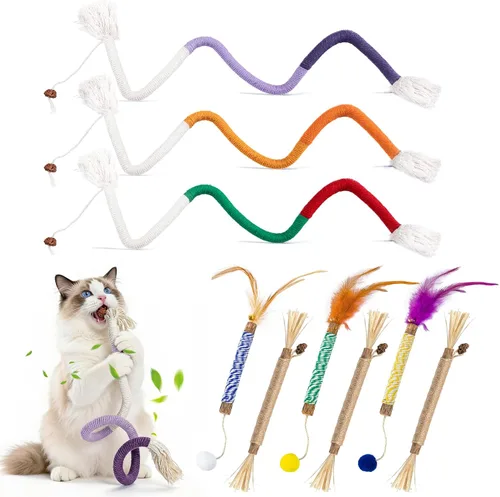 Vista 7 de Cat Chew Toys for Bored Indoor Cats,12 Pack Natural Catnip Silvervine Sticks for Kittens Teeth Cleaning&3 Pack Cat Chew Ropes for Anxiety
