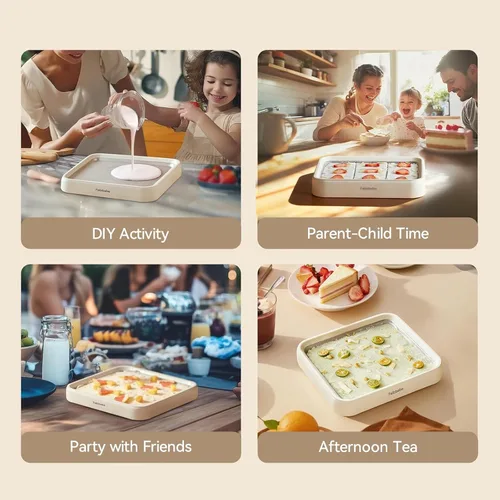 Vista 7 de Máquina para hacer helados enrollados, máquina de helado instantáneo con tapa y 2 espátulas, acero inoxidable SUS316 de grado alimenticio, bandeja
