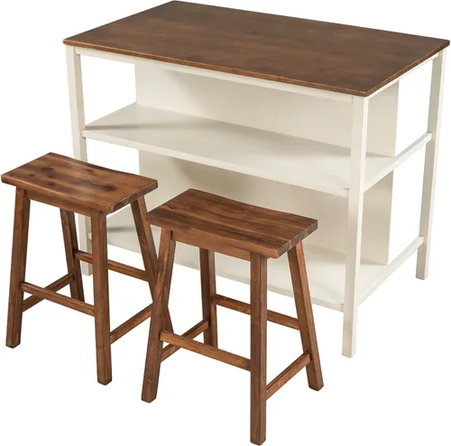 Vista 5 de Polibi Juego de isla de cocina de 3 piezas con 2 taburetes y 2 estantes, juego de mesa de comedor de madera de goma rústica con estantes abiertos