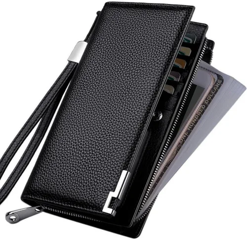 Vista 4 de Huztencor Billeteras largas para hombre de cuero RFID bloqueo billetera plegable con cremallera