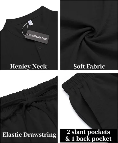 Vista 5 de COOFANDY Conjunto de 2 piezas de lino para hombre, camisas Henley casuales de manga corta, pantalones cortos de yoga para la playa, pantalones