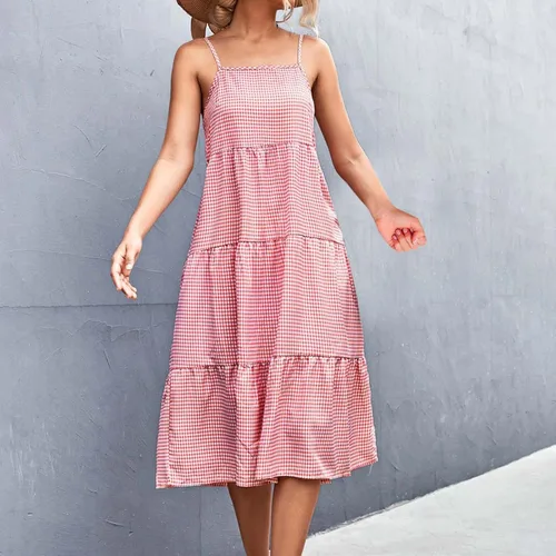 Vista 6 de Vestido largo de verano para mujer, sexy, sin mangas, sin espalda, tirantes delgados, vestido casual a cuadros con fruncido