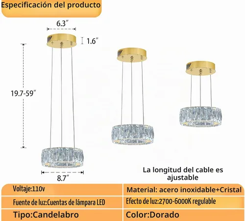 Vista 3 de Araña de Cristal LED Moderna Regulable de 8" Anillo Dorado Luminarias Colgantes para Isla de Cocina Comedor Sala de Estar