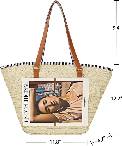 Vista 6 de Bolso grande de paja para mujer, bolso de playa con borla para el verano