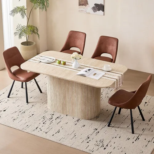 Vista 22 de Juego de 4 mesas de comedor grandes de 63 pulgadas para 4, esquinas redondeadas, mesa de cocina rectangular moderna de madera con sillas Boucle