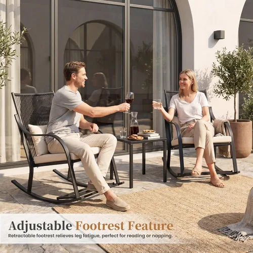 Vista 2 de COSIEST Juego de 3 sillas mecedoras para exteriores, muebles de patio de ratán para todo tipo de clima con 2 sillas, mesa de centro y cojines