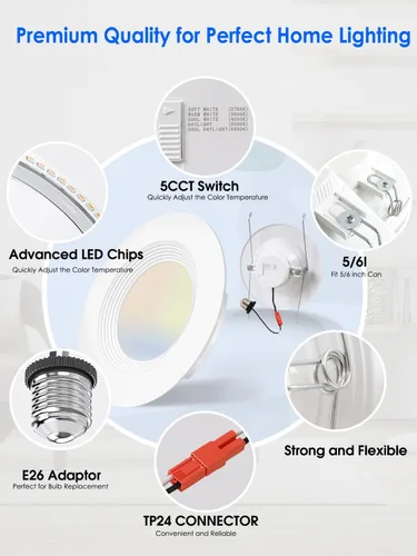 Vista 5 de Paquete de 2 luces LED empotrables 5CCT de 5/6 pulgadas, 2700 K/3000 K/4000 K/5000 K/6500 K, luces de lata regulables con borde de deflector