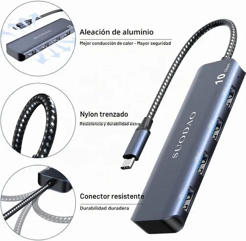 Vista 5 de Hub USB 3.1, SUODAO 10Gbps USB C a USB Hub, 4 puertos USB 3.1/3.2 Gen 2 Hub, aluminio SuperSpeed Tipo C a 4 puertos USB 3.2 de 10 Gbps para laptop