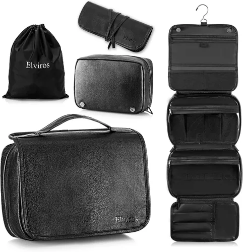 Vista 14 de Elviros Neceser colgante para hombres y mujeres, 3 en 1, organizador de viaje grande impermeable de piel sintética, bolsa de maquillaje dopp kit