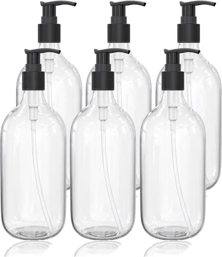 Vista 8 de Dispensador de Botella de Bomba de Plástico Transparente de 10 Onzas, Envase de Botella Vacía Recargable con Bomba para Aceite Esencial, Jabón