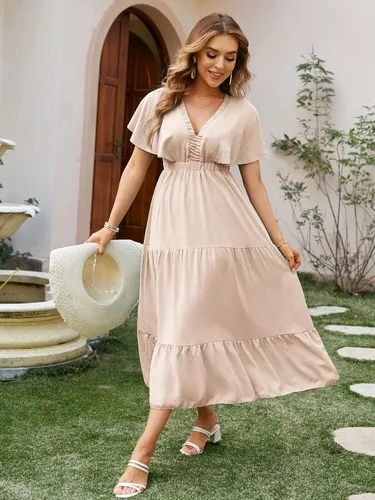 Vista 3 de Amegoya Vestidos Maxi Largos Casuales de Manga Corta con Cuello en V Floral para Mujer Estilo Bohemio Playa Sesión de Fotos Fluidos con Volantes