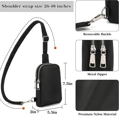 Vista 4 de Pequeña bolsa cruzada, cangurera, elegante bolsa cruzada para viajes esenciales, regalos para mujeres, Nailon-Negro, Bolso bandolera