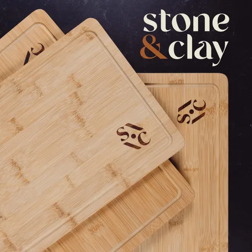 Vista 3 de Stone & Clay Juego de 3 tablas de cortar de madera de bambú (pequeñas, medianas y grandes) con soporte, perfectas para queso, verduras, frutas