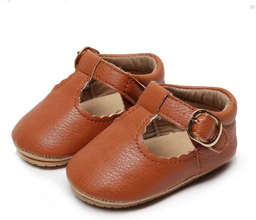 Vista 2 de HONGTEYA Zapatos planos Mary Jane para bebés y niñas, antideslizantes, para los primeros pasos, suela suave, piel sintética, zapatos de cuna