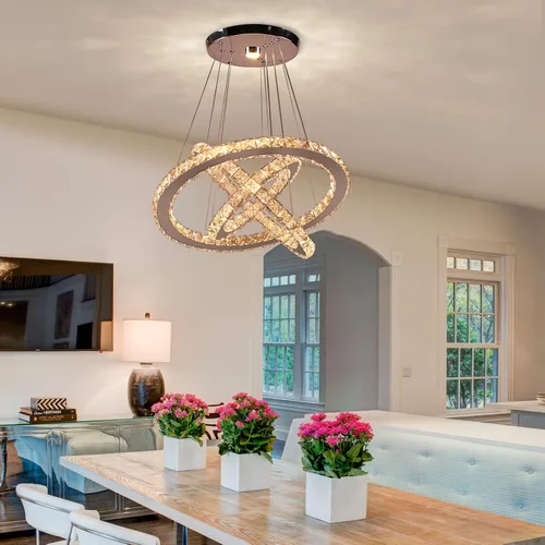 Vista 6 de CLAIRDAI Candelabros de Cristal Modernos Ajustables de Cristal de 3 Anillos Lámpara de Techo LED Candelabros LED para Comedor Dormitorio Sala