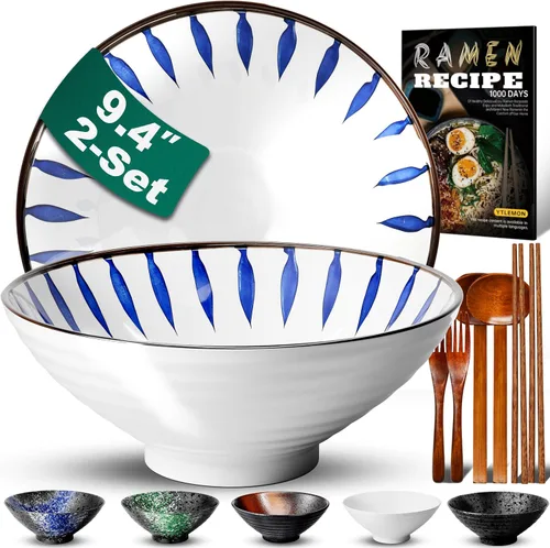 Vista 9 de Juego de 2 cuencos de cerámica para ramen de 8 pulgadas (9 piezas) – Tazones grandes de porcelana japonesa para ensalada, fideos, cereales, frutas