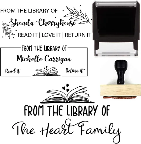 Vista 4 de De The Library of Book Stamp Este pertenece a un sello personalizado autoentintado o mango de madera, nombre personalizado para profesor