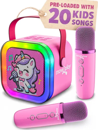 Vista 11 de Move2Play, Mini máquina de karaoke para niños Más de 20 canciones integradas Altavoz Bluetooth con micrófonos Efectos de voz Juguete musical