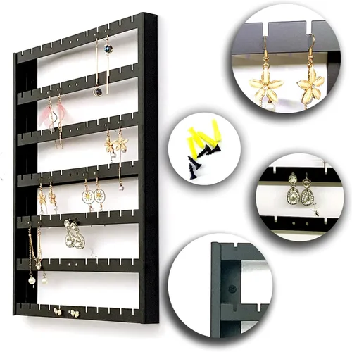 Vista 4 de Organizador de aretes de 7 capas, almacenamiento de aretes de oreja montado en la pared, organizador de aretes de metal negro de gran capacidad