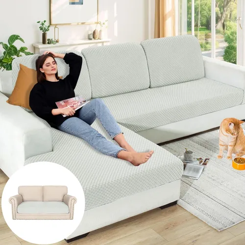 Vista 83 de YEMYHOM Funda de cojín para sofá, funda de cojín de asiento de alta elasticidad, tela jacquard geométrica de felpa, protector de sofá antideslizante