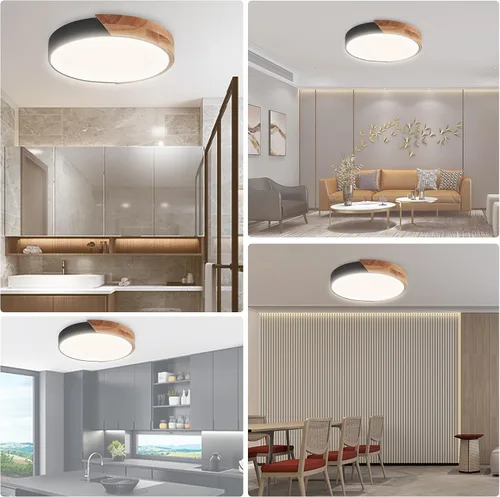Vista 8 de Lámpara de techo LED de madera de montaje empotrado, 3CCT 3000K-6500K moderna negra cerca de las luminarias del techo, lámpara de techo redonda