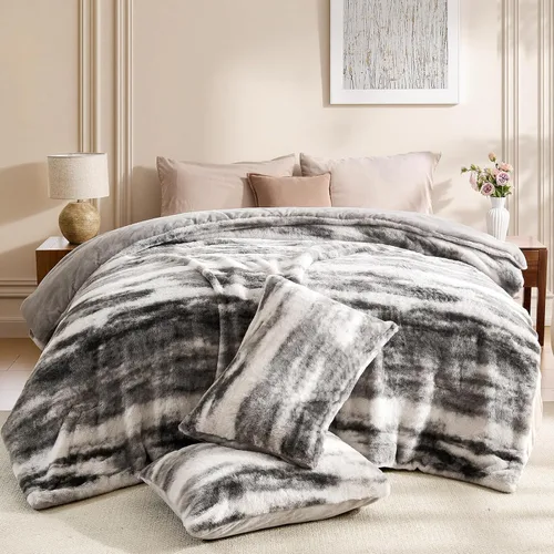 Vista 14 de Wajade Juego de edredón de felpa de pelo sintético teñido anudado negro, juego de ropa de cama mullido y peludo, juego de edredón de microfibra