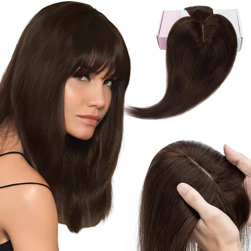 Vista 18 de Elailite Pelucas para mujeres con flequillo, cabello humano real, topper con cabello delgado, 13 cm x 7 cm, base de seda, clip en piezas de cabello