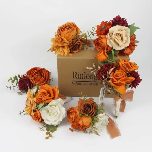 Vista 2 de Rinlong 6 centros de mesa de flores de otoño para bodas, terracota naranja quemada Mesas de boda, ramos de dama de honor, decoración de guardería