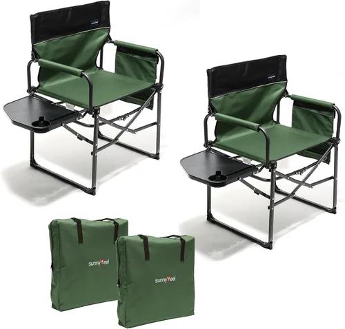 Vista 24 de SUNNYFEEL Silla de Directores de Camping, Silla Plegable Portátil de Gran Tamaño con Mesa Lateral, Bolsillo para Playa, Pesca, Viaje, Picnic